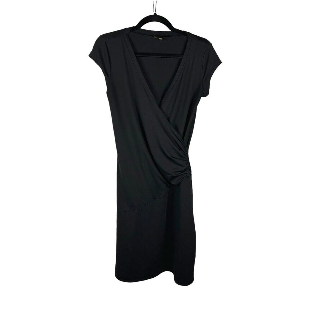 Athleta S Nectar Faux Wrap Black Dress Small Cap Sleeve Ruched Side Athleisure